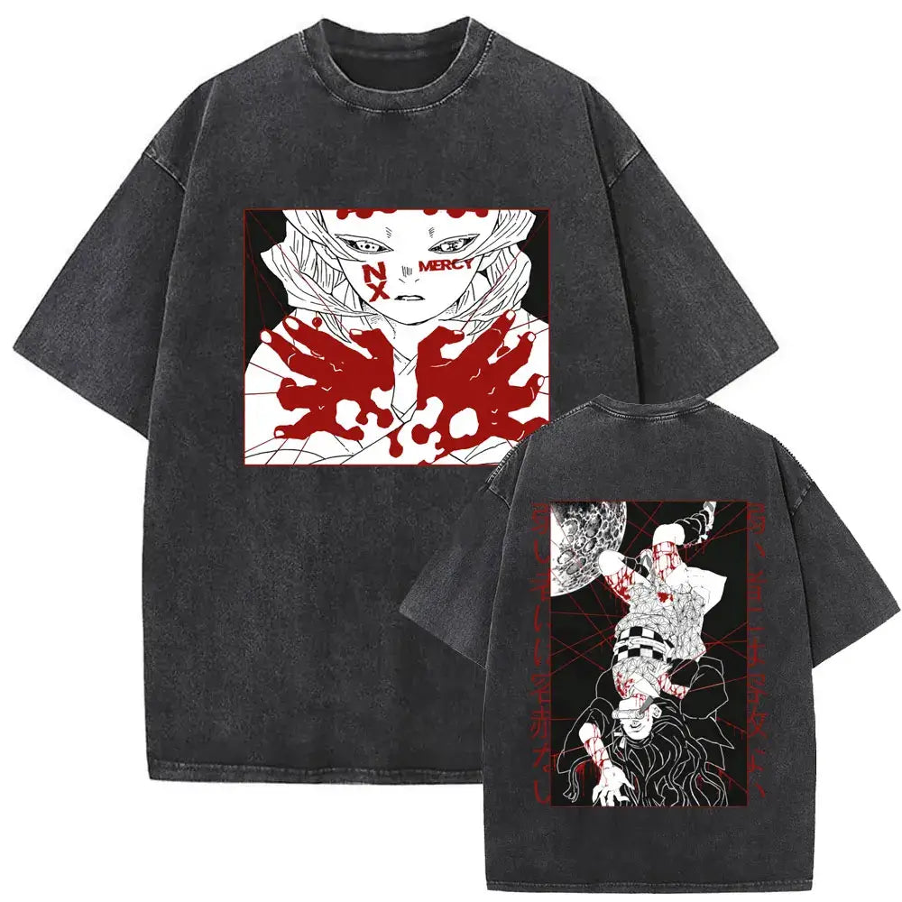 A vintage washed Demon Slayer Daki Graphic T-shirt with a cherry blossom design, an oversized casual cotton tee for men and women.