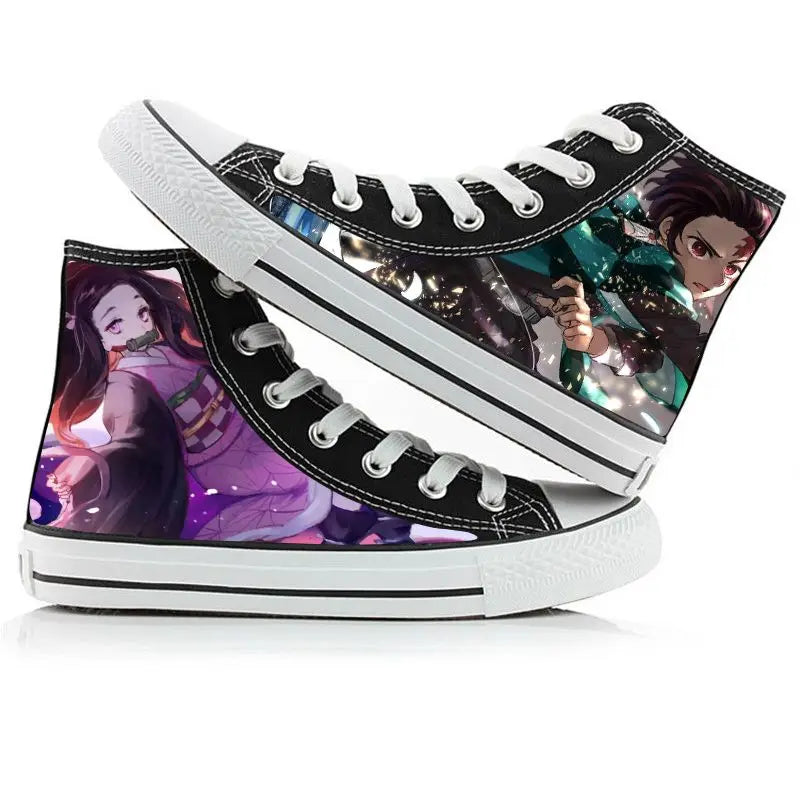 A pair of kawaii Anime Demon Slayer Canvas Shoes in a hand-painted high-top sneaker style for boys and girls.