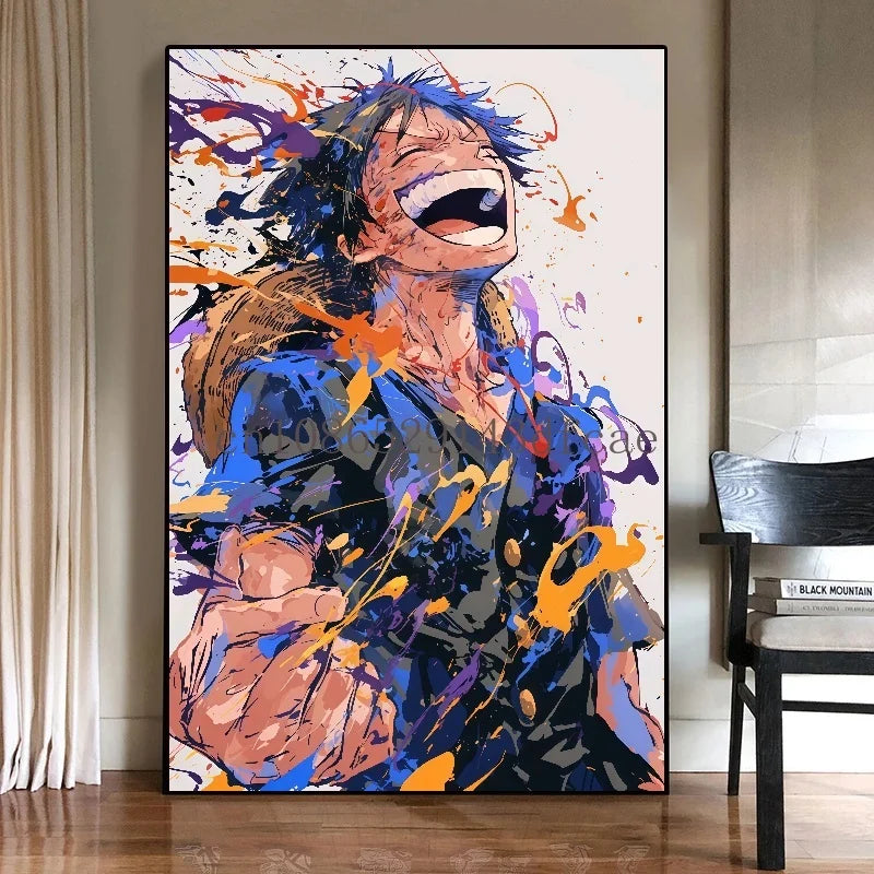 A high-quality One Piece Canvas Print featuring classic Japanese anime characters like Luffy, designed as unframed wall art for living room decoration.