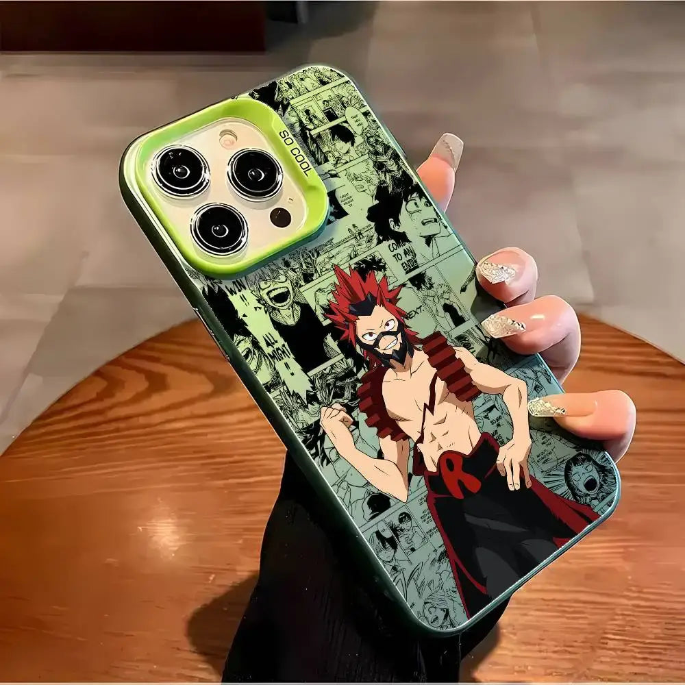 A shockproof Eijiro Kirishima Phone Case featuring a multicolor aurora laser finish and Red Riot anime art, compatible with Apple iPhone 16, 15, and 14 Pro Max.