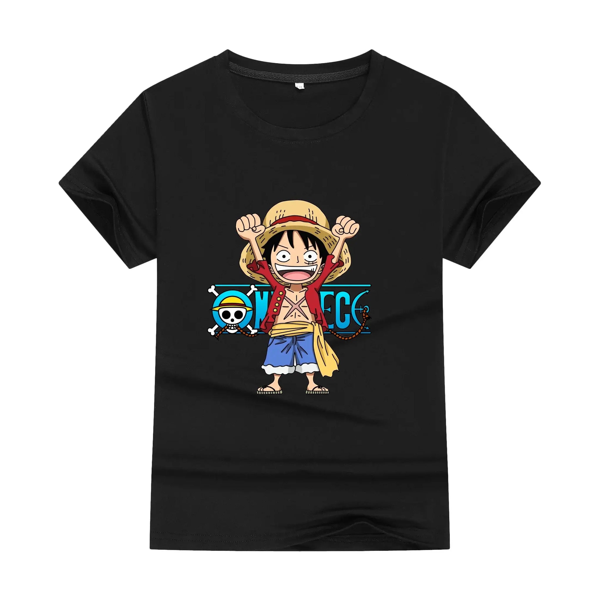 A cute unisex One Piece Anime Cotton T-shirt with a cartoon print, ideal as a summer fashion gift for boys and women.