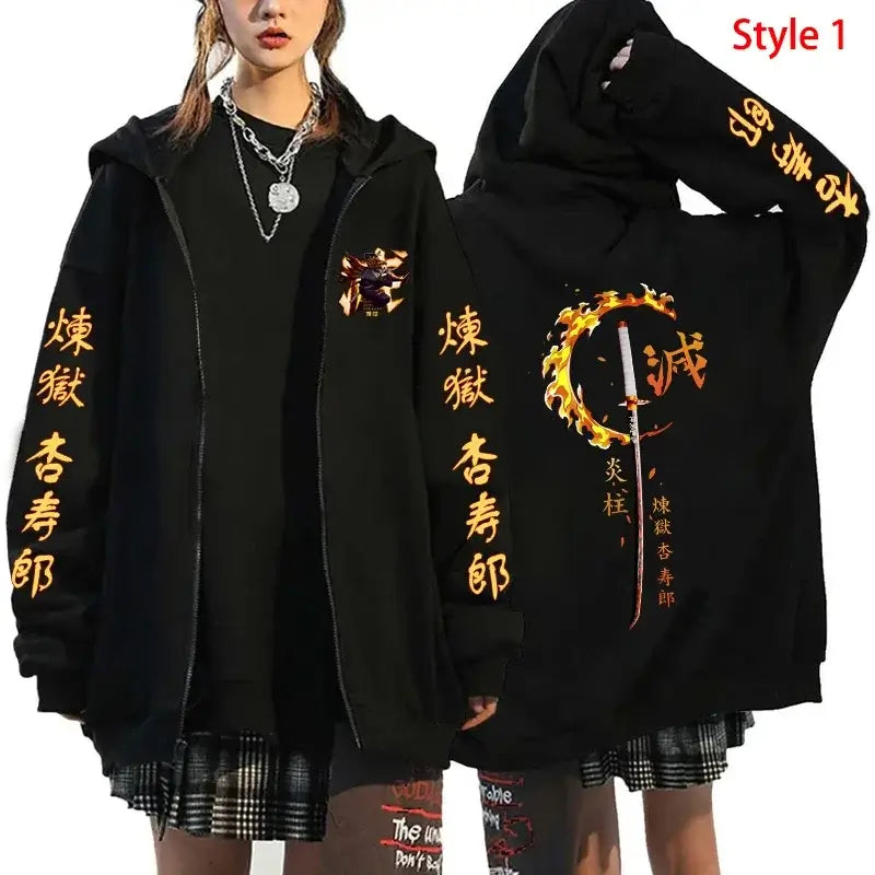 A stylish Rengoku Zipper Hoodie featuring Kyoujurou anime graphics, designed as a casual autumn jacket for men and women.