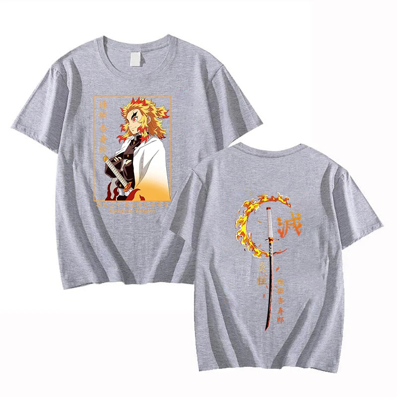 A hot new Rengoku Kyoujurou Printed Tee Shirt, a casual round neck summer unisex top for Demon Slayer fans.