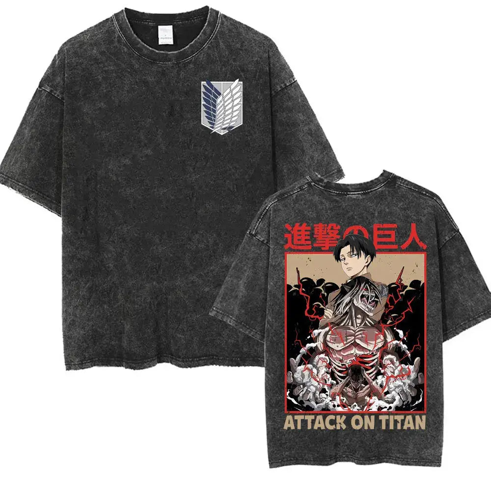 An oversized Attack on Titan Washed T-shirt featuring a vintage Levi Ackerman graphic, a stylish streetwear item for men and women.