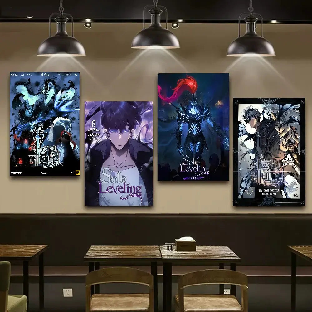 A vintage-style Solo Leveling Sticky Poster printed on whitepaper, featuring Sung Jinwoo and the Shadow Army with a DIY self-adhesive backing.