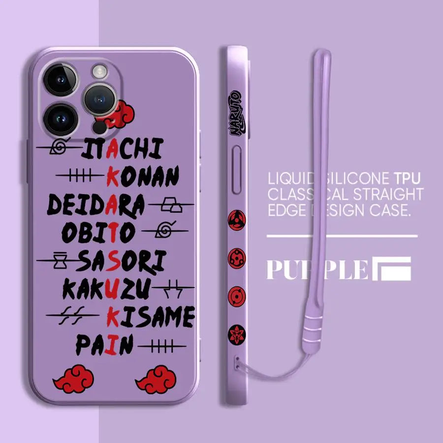 A black Akatsuki Cloud Phone Case featuring the red cloud symbol pattern, compatible with Apple iPhone 16, 15, 14 Pro Max, and 13.