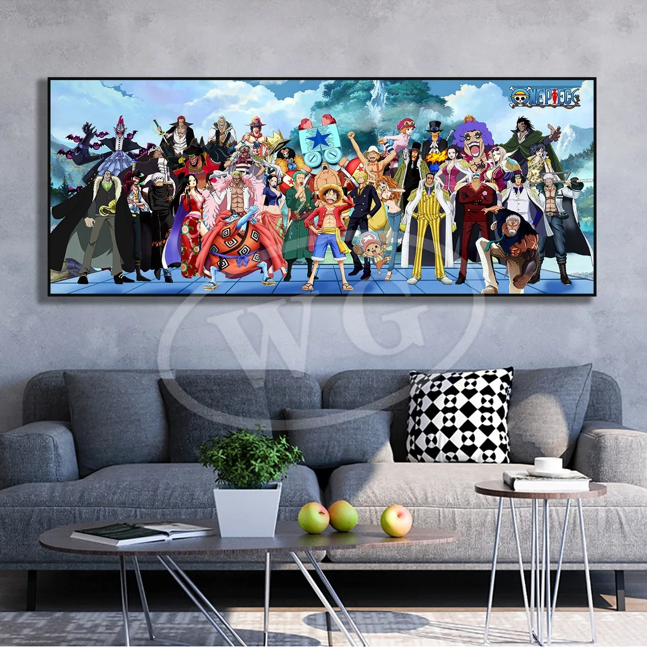 A high-quality One Piece decorative painting featuring Monkey D. Luffy, Roronoa Zoro, and Portgas D. Ace as a sofa background wall hanging.