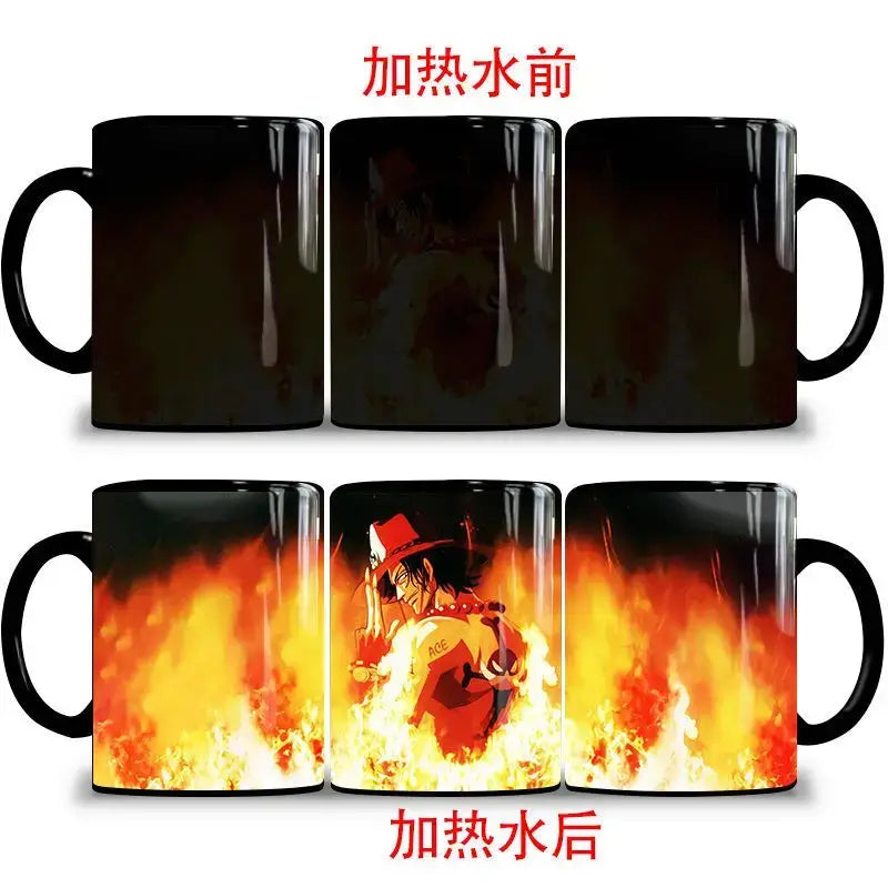 A ceramic One Piece Color Changing Mug revealing Gear 5 Nika Luffy and Fire Fist Ace artwork when filled with hot liquid.
