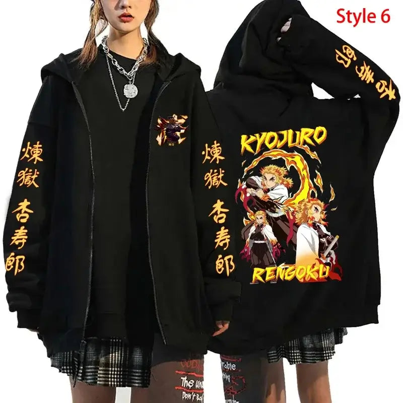 A stylish Rengoku Zipper Hoodie featuring Kyoujurou anime graphics, designed as a casual autumn jacket for men and women.