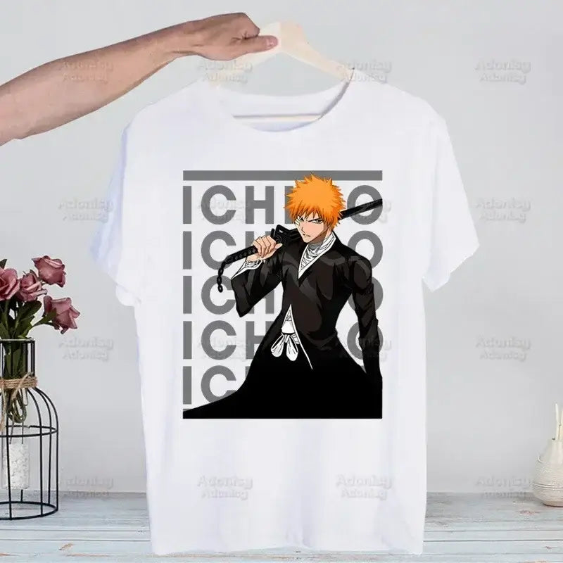 A men's Bleach Kurosaki Ichigo T-shirt in a funny Harajuku hip hop streetwear style for summer.