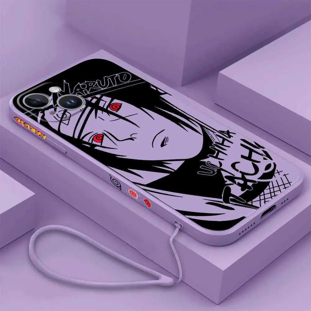 A premium Kakashi Itachi Phone Case featuring square liquid silicone design and anime art for Apple iPhone 15, 14, and 13 Pro Max.