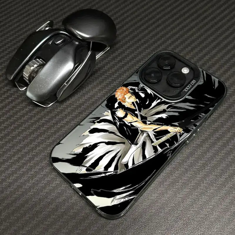 A shockproof Bleach Anime Phone Case featuring Ichigo Kurosaki and Rukia Kuchiki anime art, compatible with Apple iPhone 16e, 16, 15, and 14 Pro Max.