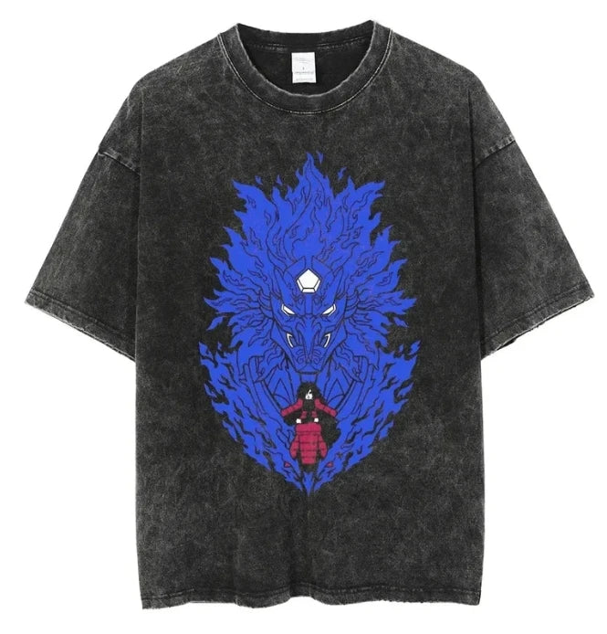 A retro washed Uchiha Sasuke T-shirt featuring a high-quality anime graphic print, designed as oversized cotton streetwear for men and women.