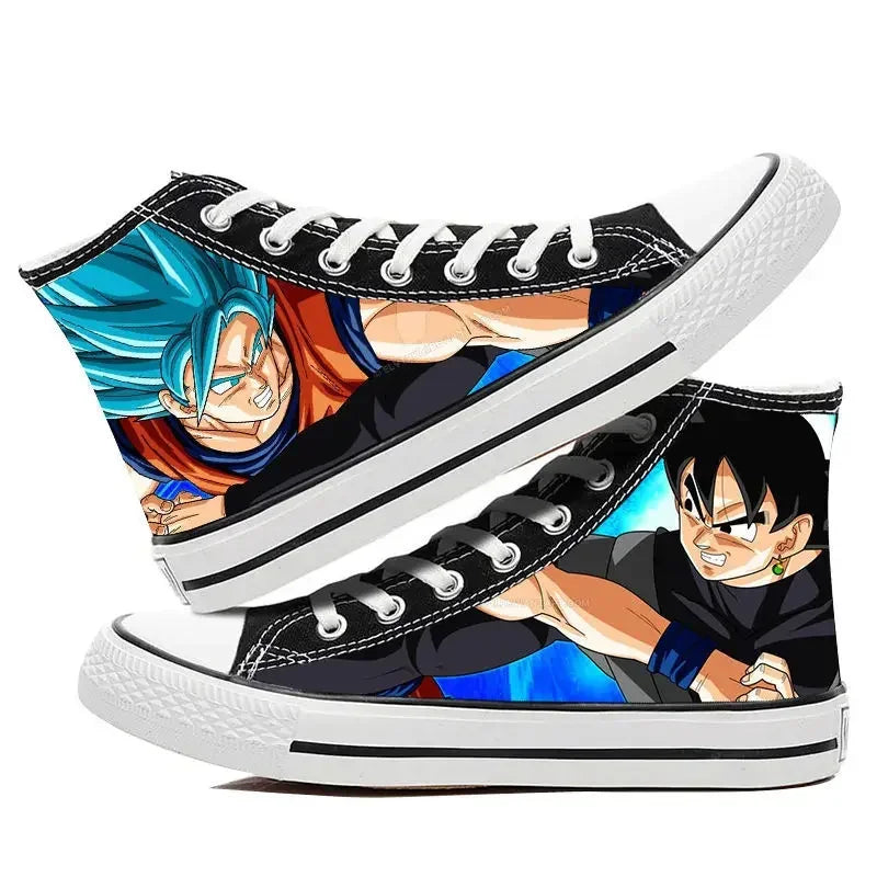 Trendy Dragon Ball High Top Canvas Shoes featuring Goku and Vegeta animation art, breathable flat sneakers for students and fans.