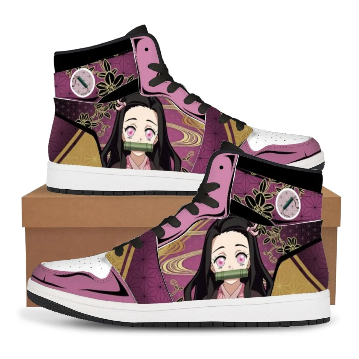 High-top Demon Slayer Sneakers featuring Tanjiro Kamado and Nezuko Kamado anime designs, styled as fashionable basketball shoes for men and women.
