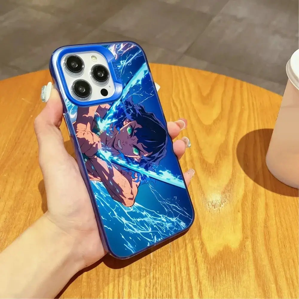 A matte black Demon Slayer Phone Case featuring cool anime character art and shockproof silicone protection for Apple iPhone 16, 15, and 14 Pro Max.