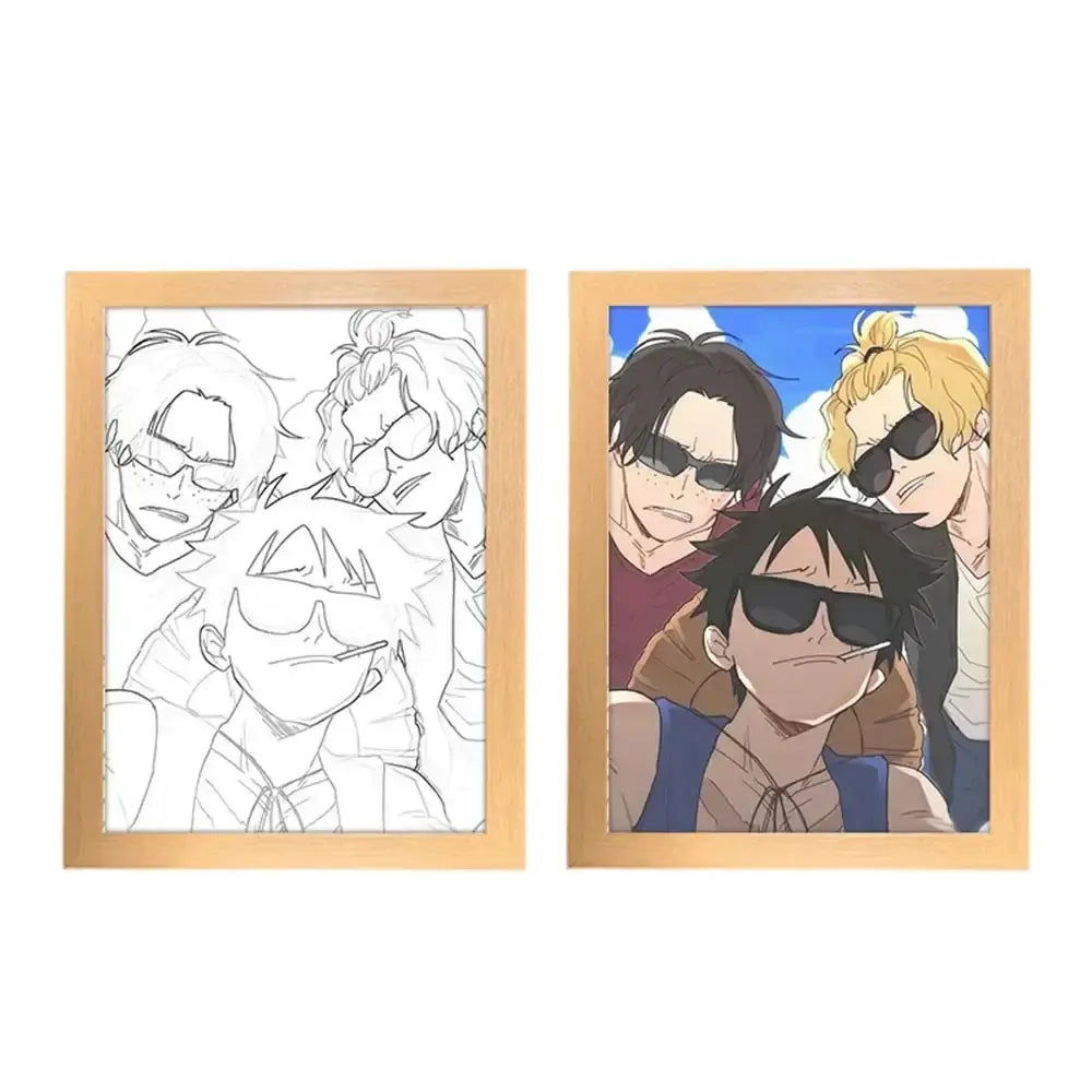 A creative One Piece Photo Frame Night Light displaying anime characters Luffy and Zoro, serving as a bedside decoration painting.