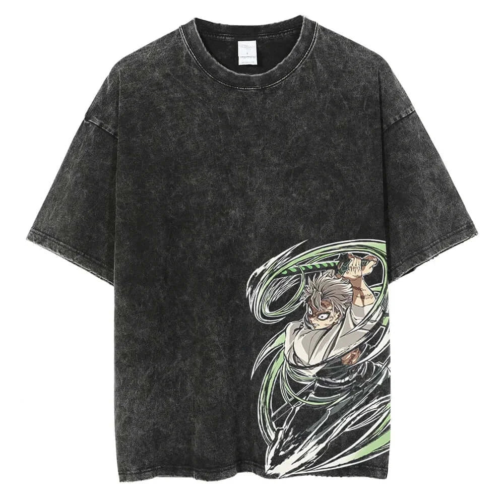 A men's vintage Demon Slayer Kamado Tanjirou Graphic Print T Shirt in a washed cotton Harajuku style.
