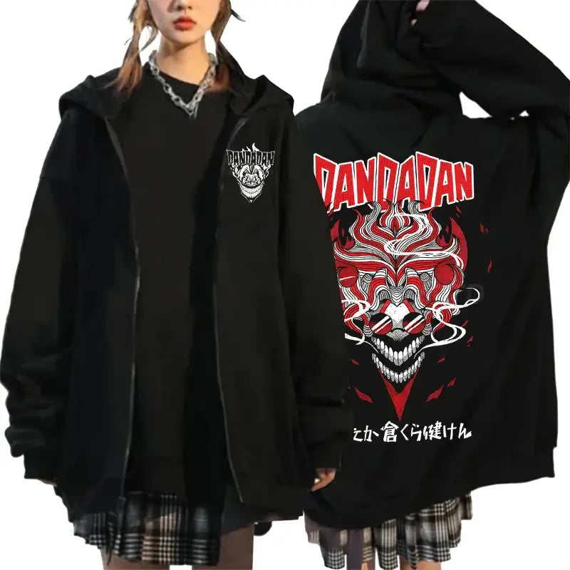 An oversized Anime Dandadan Ken Takakura Hoodie with a graphic print of Okarun, designed as a Harajuku male zipper jacket for men and women.