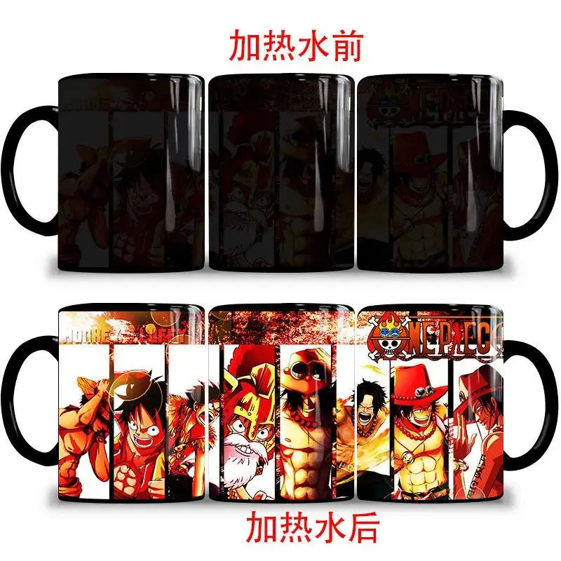 A ceramic One Piece Color Changing Mug revealing Gear 5 Nika Luffy and Fire Fist Ace artwork when filled with hot liquid.