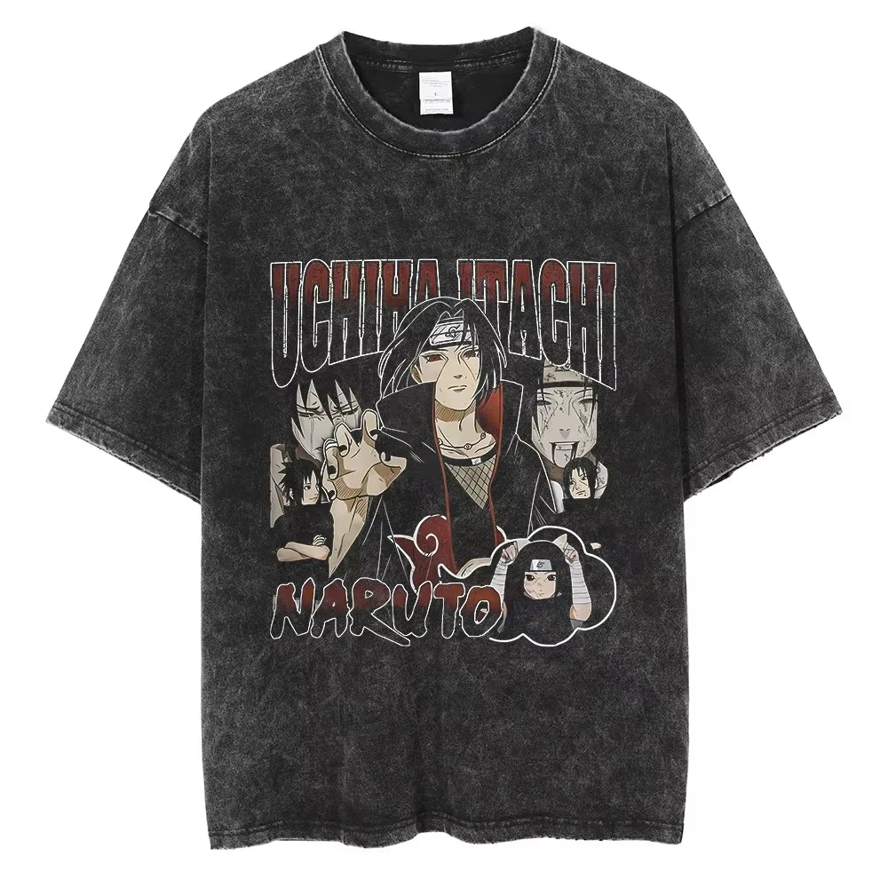 A washed black Naruto Vintage T-Shirt featuring a hip hop style anime print, designed as Harajuku streetwear for men and women.
