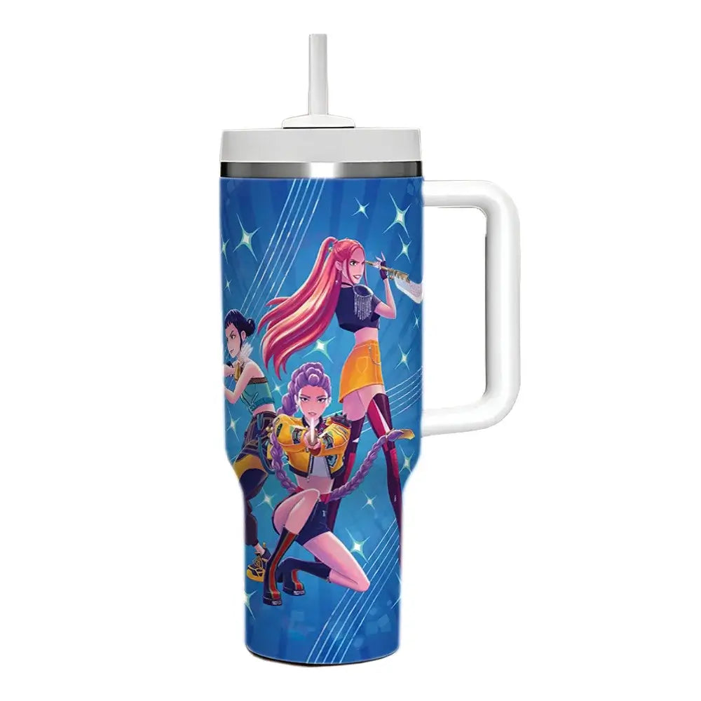 A 40oz stainless steel K-Pop Demon Hunters Cup featuring cartoon prints of anime girl group characters Rumi, Zoey, and Mira, designed for car travel.