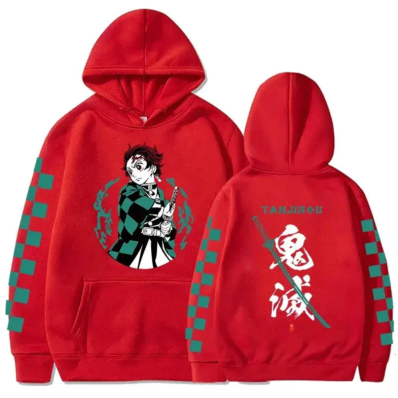 Tanjiro Kamado Hoodie in red with green checkered sleeves and anime design, featuring Demon Slayer character.