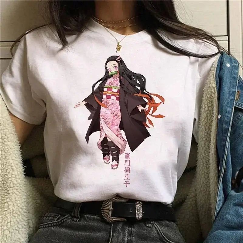 A Demon Slayer T Shirt for Women, a female Kimetsu No Yaiba graphic tee with a Nezuko and Tanjirou Kamado print.
