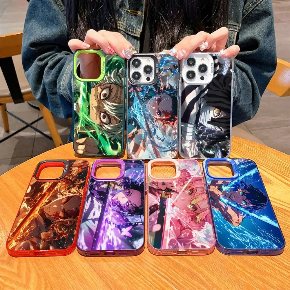 A matte black Demon Slayer Phone Case featuring cool anime character art and shockproof silicone protection for Apple iPhone 16, 15, and 14 Pro Max.