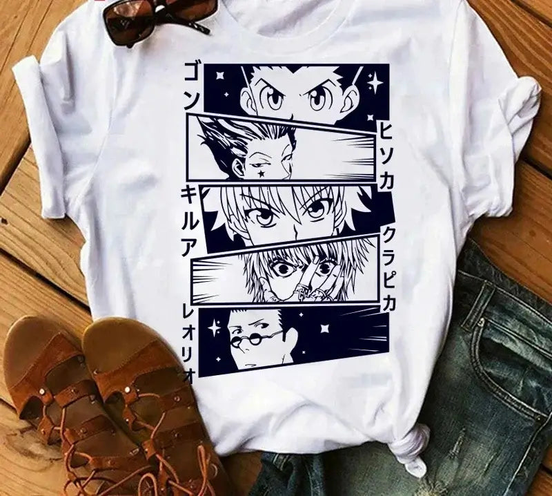 A woman wearing the casual vintage Japanese Anime Hunter X Hunter Graphic T Shirt.