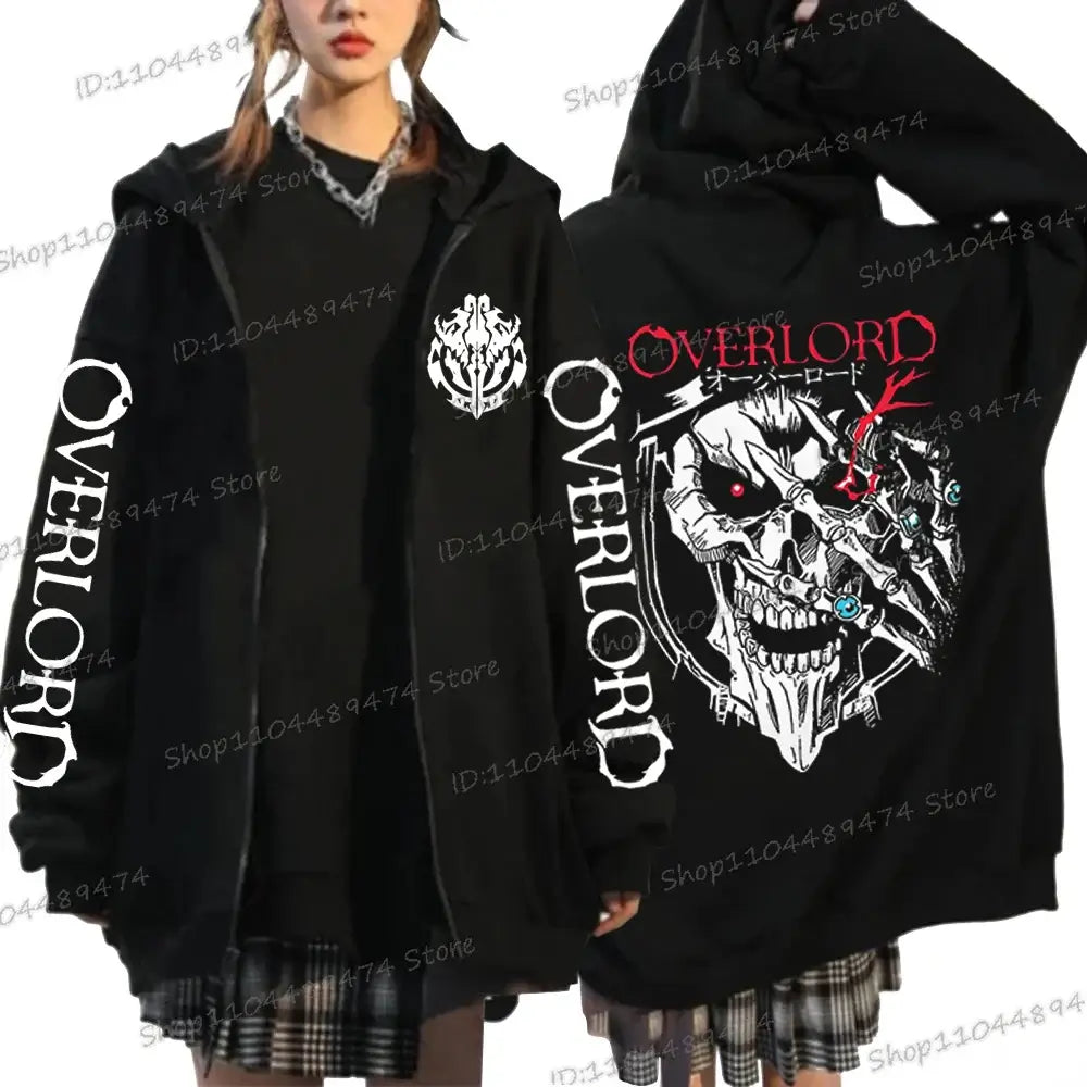 A unisex Japan Anime Overlord Horror Skull Hooded Shirt with a zip-up front, featuring a horror skull print in a Harajuku streetwear style.