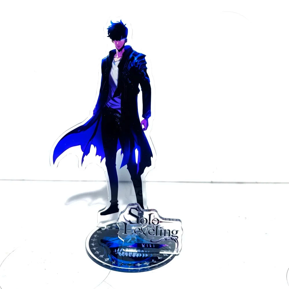 A high-definition 15cm Solo Leveling Acrylic Stand featuring Sung Jinwoo, Sung Jin Ah, and Yoo Jin Ho anime action figures for desk decoration.