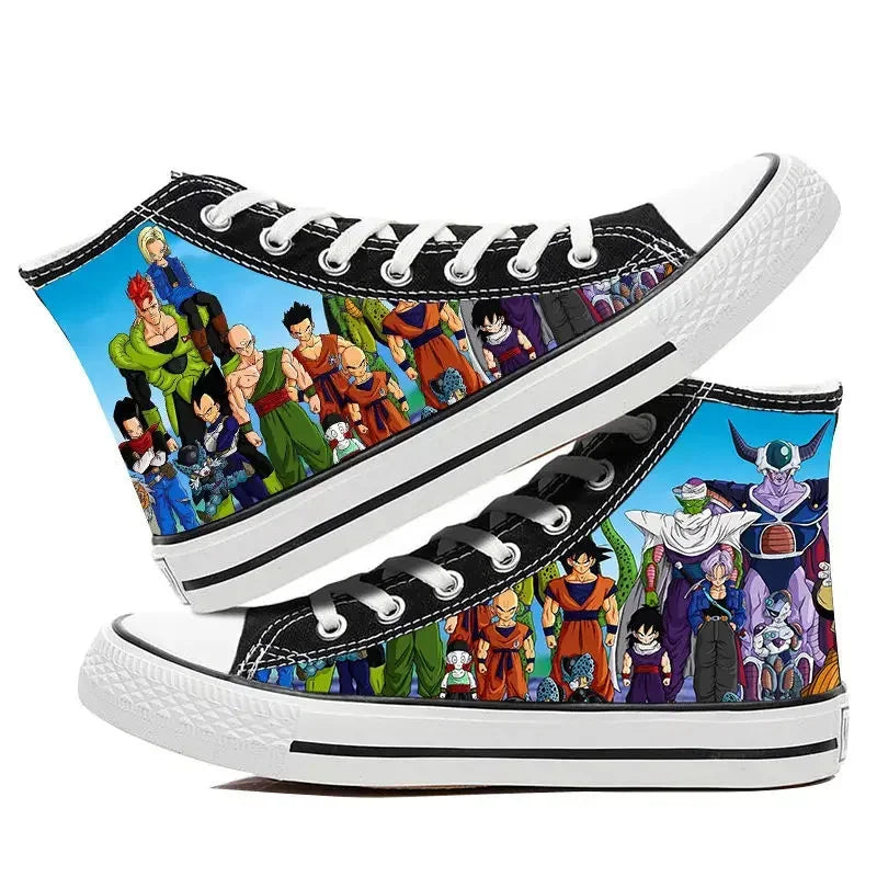 Trendy Dragon Ball High Top Canvas Shoes featuring Goku and Vegeta animation art, breathable flat sneakers for students and fans.