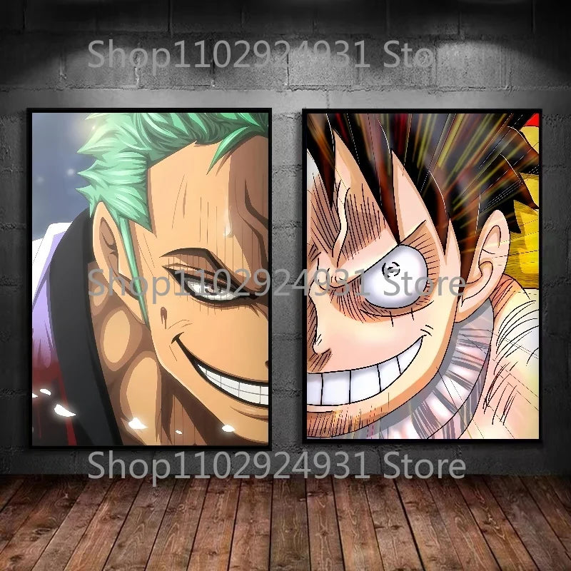 A colorful creative One Piece Luffy Zoro Poster printed on high-definition canvas, displayed as modern home wall art decoration.