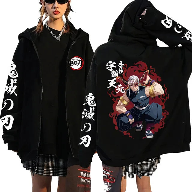 A Y2K style Demon Slayer Zip Up Hoodie featuring a Nezuko Kamado graphic, unisex hip hop streetwear for men and women.