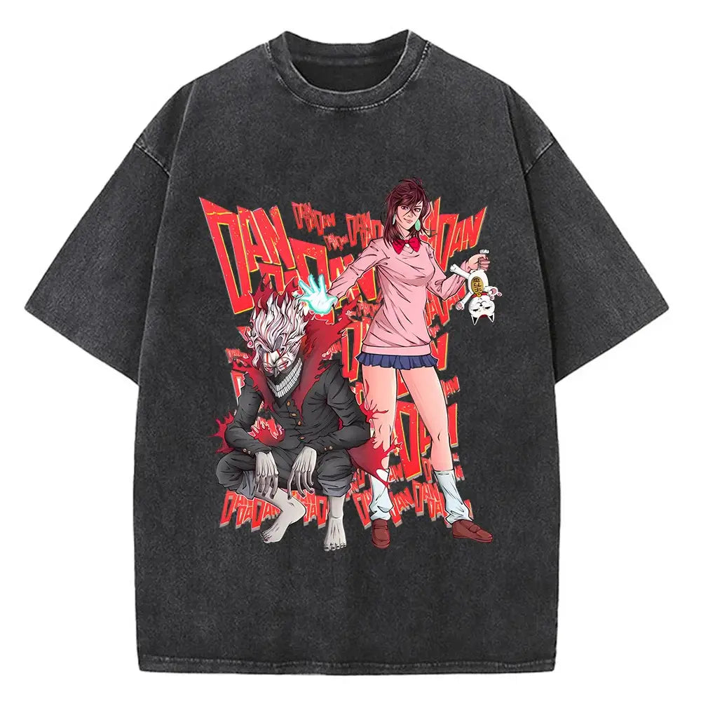 A high-quality cotton men's Dandadan Okarun T-shirt with a Japanese anime cartoon print and aesthetic fashion design.