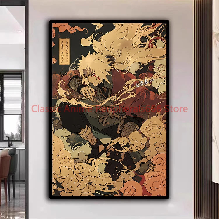 A traditional Ukiyo-e style Naruto Poster canvas painting featuring Akatsuki members Itachi and Sasuke for aesthetic home decor.