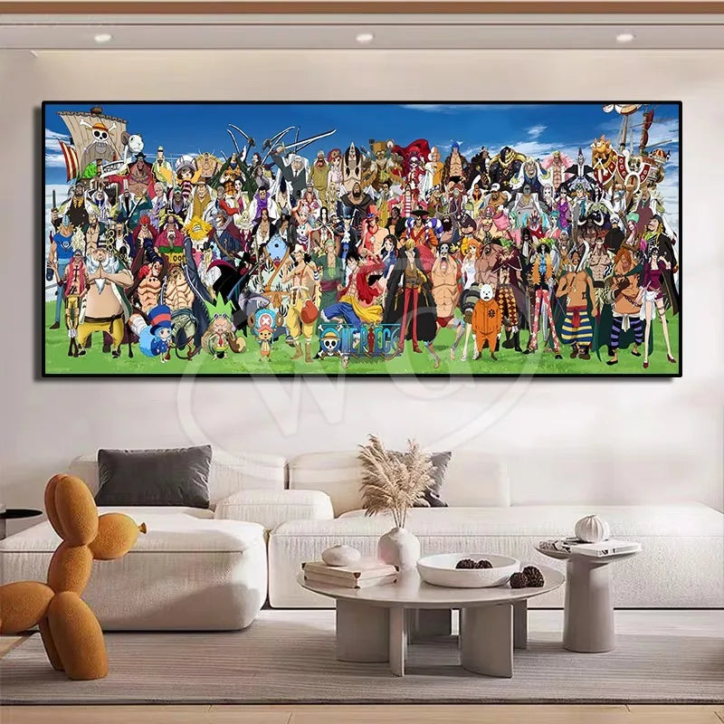 A high-quality One Piece decorative painting featuring Monkey D. Luffy, Roronoa Zoro, and Portgas D. Ace as a sofa background wall hanging.