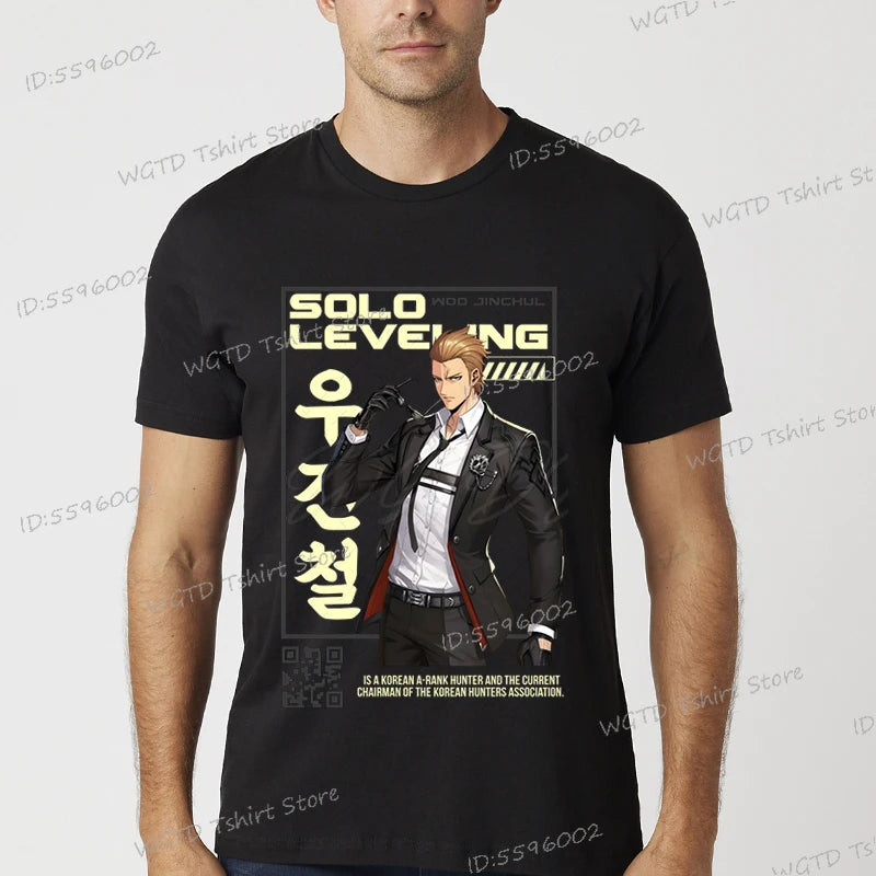 A vintage black Solo Leveling Anime T-Shirt featuring a funny Sung Jinwoo graphic print, available in sizes S to 4XL for men and women.