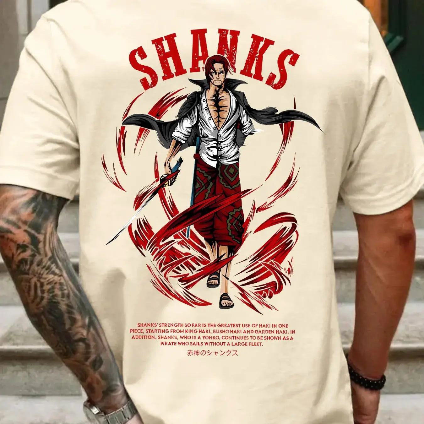 A retro, oversized One Piece Shanks Summer T-shirt in comfortable cotton, suitable for men and women's street and leisure wear.