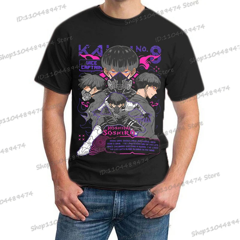 A trendy Y2K Anime Kaiju No 8 T-shirt with a creative Soshiro Hoshina print for men and women.