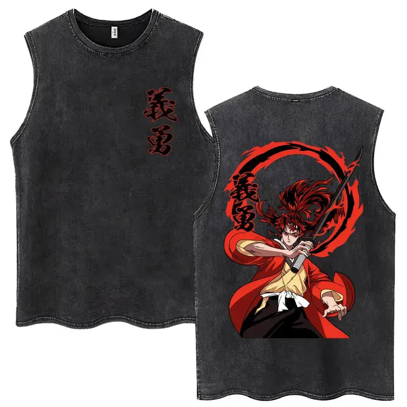 A washed retro Zenitsu Demon Slayer Tank Top featuring Agatsuma Zenitsu manga art, sleeveless cotton summer streetwear for men and women.