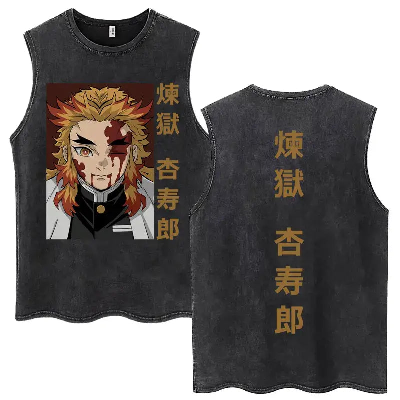 A washed retro Zenitsu Demon Slayer Tank Top featuring Agatsuma Zenitsu manga art, sleeveless cotton summer streetwear for men and women.