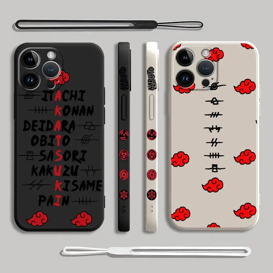 A black Akatsuki Cloud Phone Case featuring the red cloud symbol pattern, compatible with Apple iPhone 16, 15, 14 Pro Max, and 13.