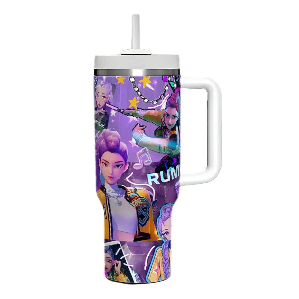 A 40oz stainless steel K-Pop Demon Hunters Cup featuring cartoon prints of anime girl group characters Rumi, Zoey, and Mira, designed for car travel.