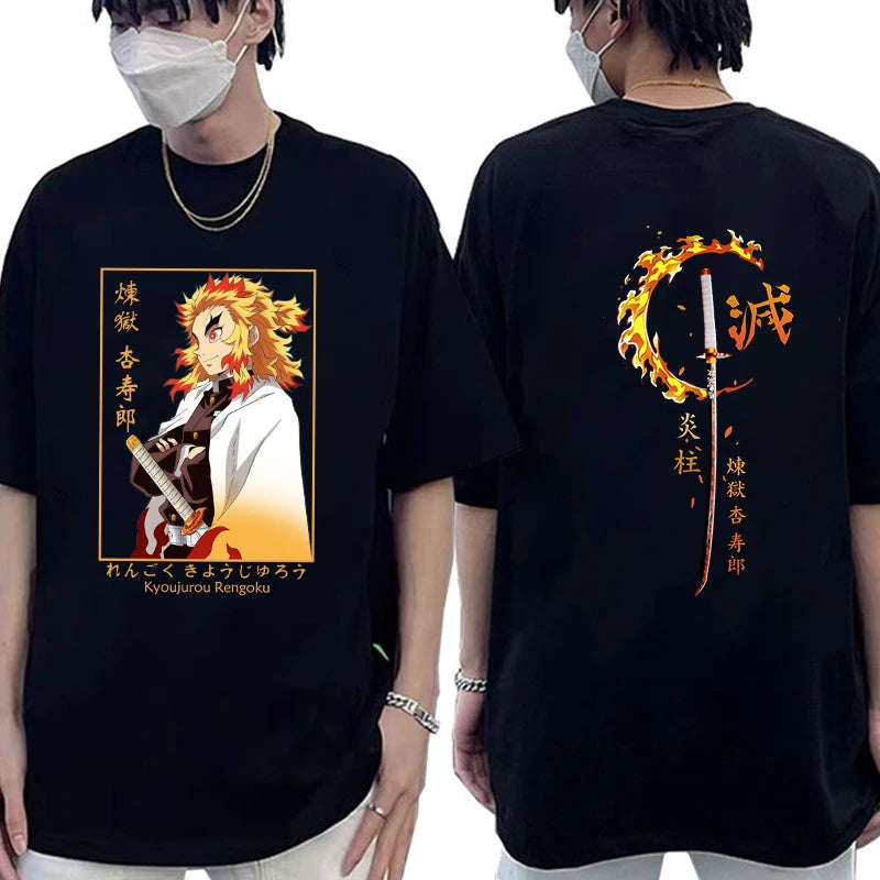 A hot new Rengoku Kyoujurou Printed Tee Shirt, a casual round neck summer unisex top for Demon Slayer fans.
