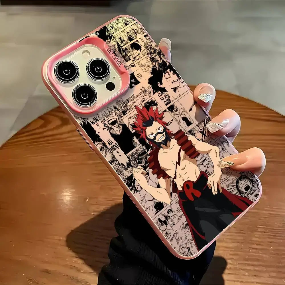 A shockproof Eijiro Kirishima Phone Case featuring a multicolor aurora laser finish and Red Riot anime art, compatible with Apple iPhone 16, 15, and 14 Pro Max.
