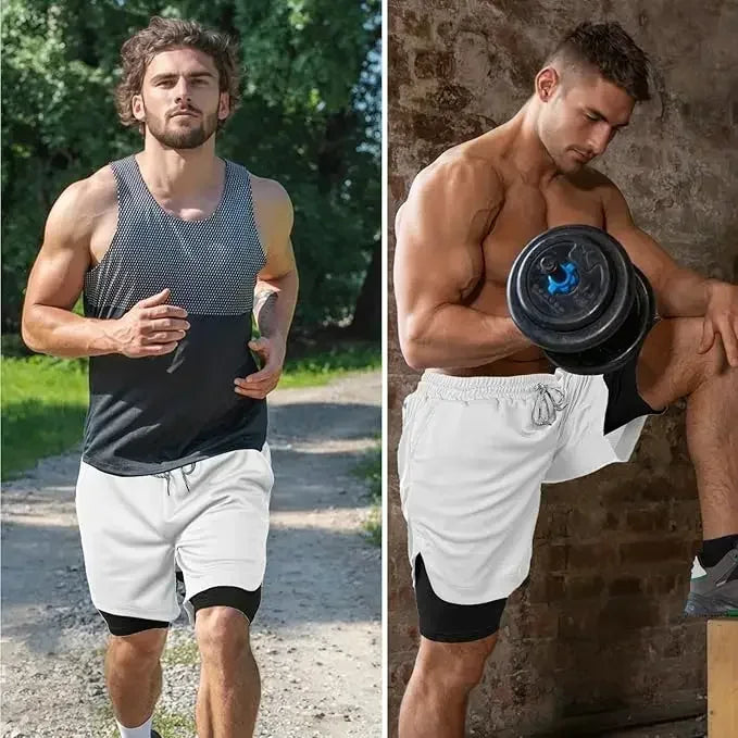 A man wearing the white One Piece Running Shorts for the gym, with a double layer and Straw Hat Crew design.