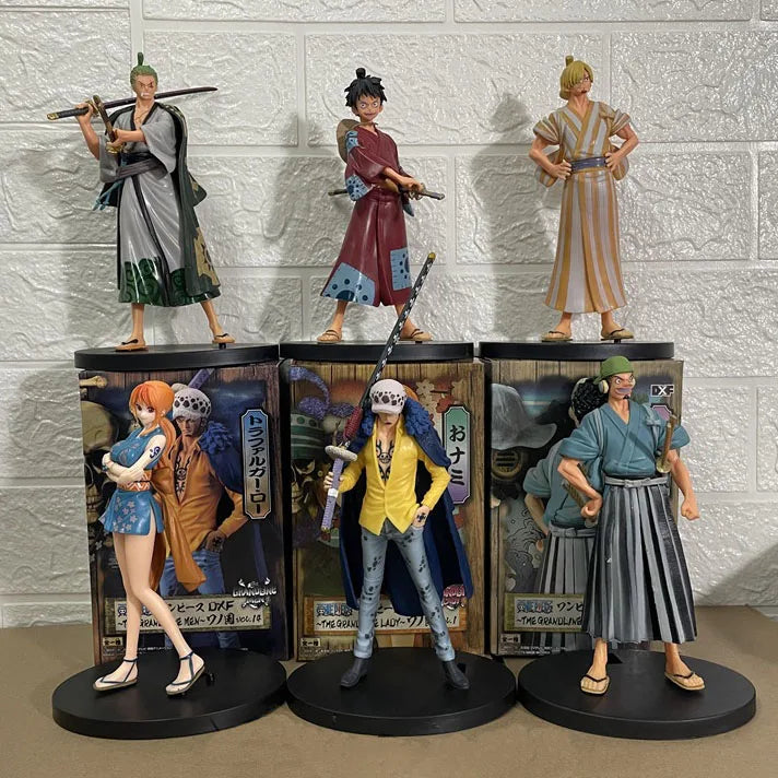 A detailed One Piece 17cm Anime Figure statue featuring Monkey D. Luffy, Roronoa Zoro, and Yamato for collection and desktop display.