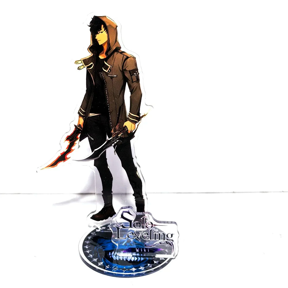 A high-definition 15cm Solo Leveling Acrylic Stand featuring Sung Jinwoo, Sung Jin Ah, and Yoo Jin Ho anime action figures for desk decoration.